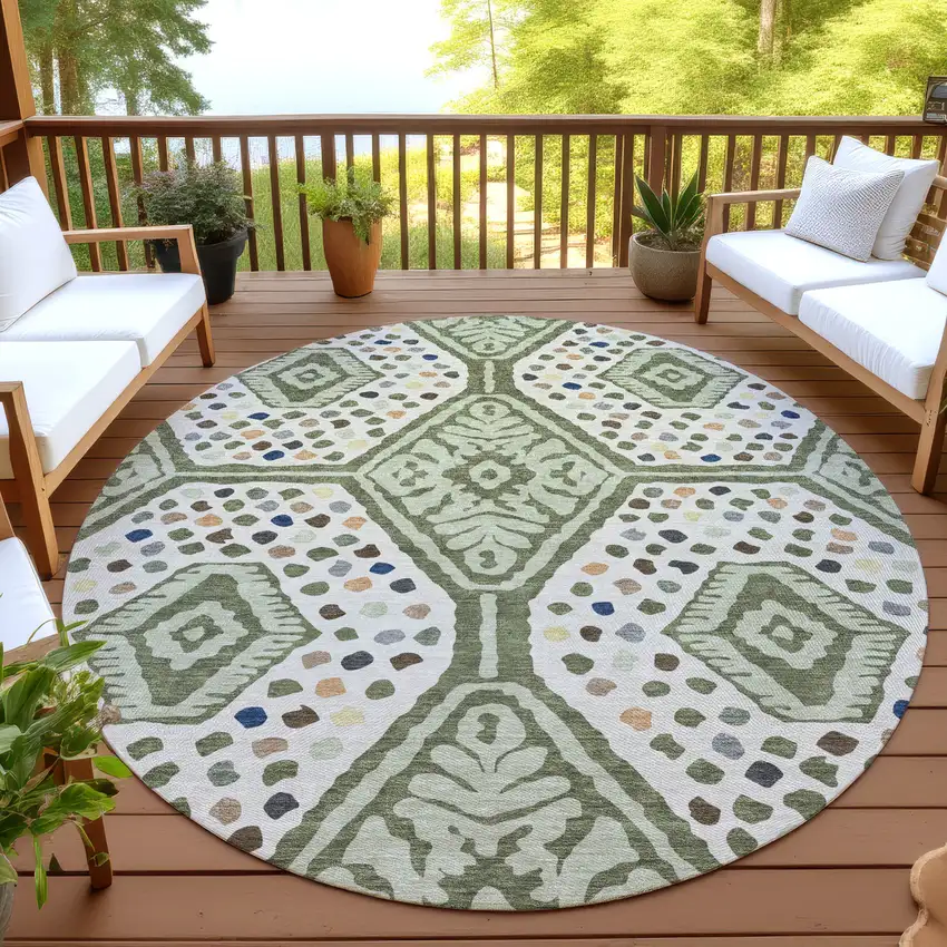 8' Sage And Beige Round Tribal Washable Indoor Outdoor Area Rug Photo 4