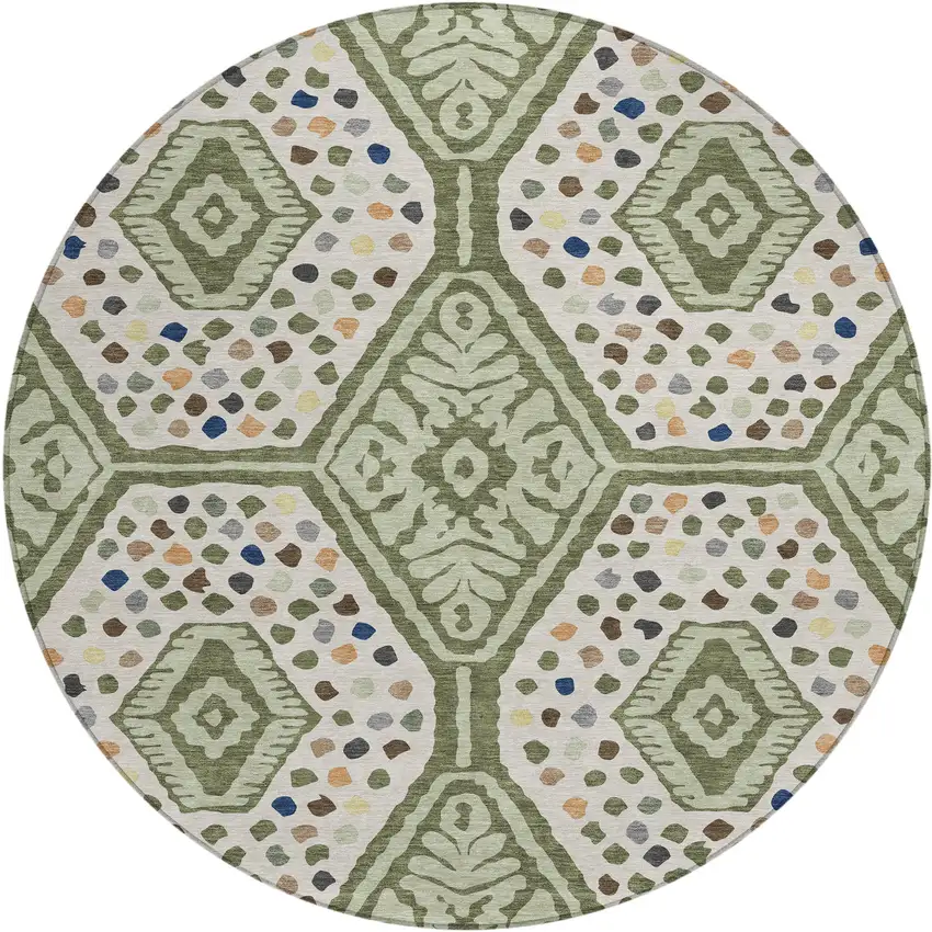 8' Sage And Beige Round Tribal Washable Indoor Outdoor Area Rug Photo 1