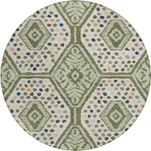 Photo of 8' Sage And Beige Round Tribal Washable Indoor Outdoor Area Rug