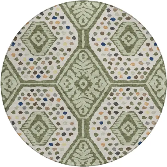 8' Sage And Beige Round Tribal Washable Indoor Outdoor Area Rug Photo 1