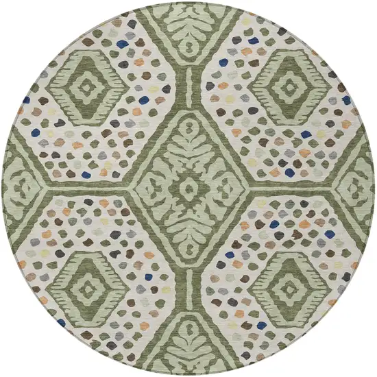 8' Sage And Beige Round Tribal Washable Indoor Outdoor Area Rug Photo 3