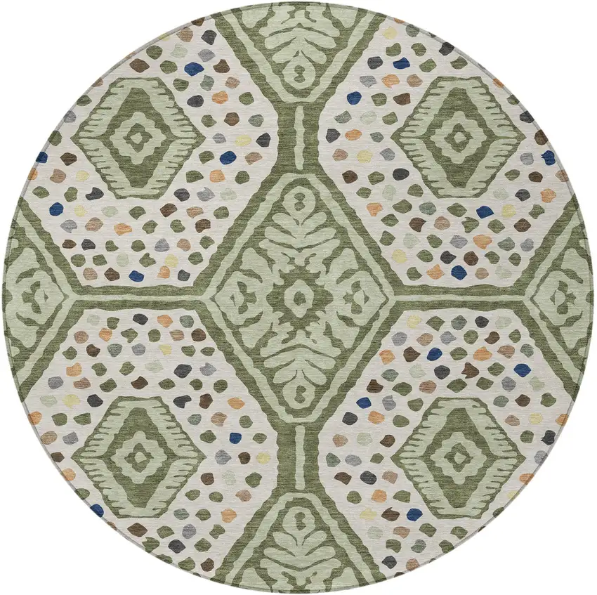 8' Sage And Beige Round Tribal Washable Indoor Outdoor Area Rug Photo 3
