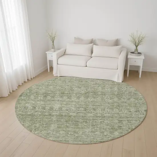 8' Sage And Beige Striped Washable Round Rug With UV Protection Photo 4