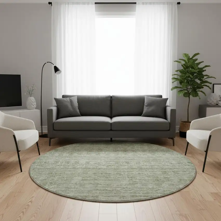 8' Sage And Beige Striped Washable Round Rug With UV Protection Photo 2