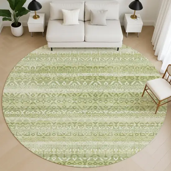 8' Sage And Beige Striped Washable Round Rug With UV Protection Photo 5