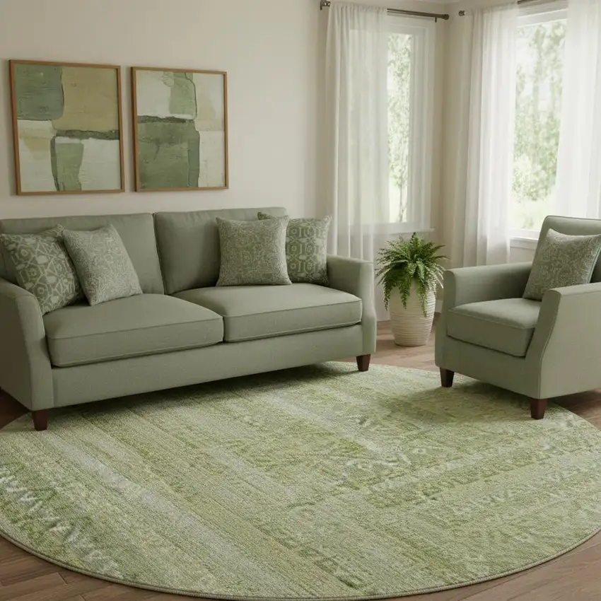 8' Sage And Beige Striped Washable Round Rug With UV Protection Photo 2