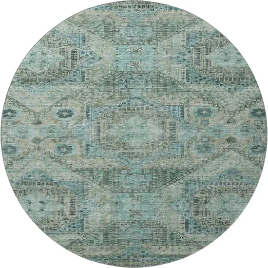8' Sage And Blue Abstract Geometric Washable Round Rug With UV Protection Photo 4