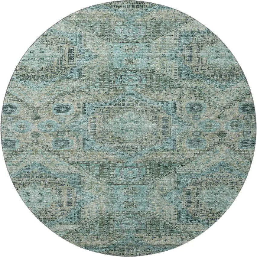 8' Sage And Blue Abstract Geometric Washable Round Rug With UV Protection Photo 4