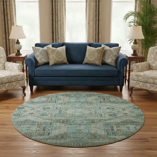 8' Sage And Blue Abstract Geometric Washable Round Rug With UV Protection Photo 2
