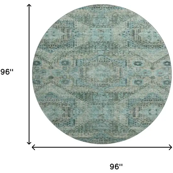 8' Sage And Blue Abstract Geometric Washable Round Rug With UV Protection Photo 9
