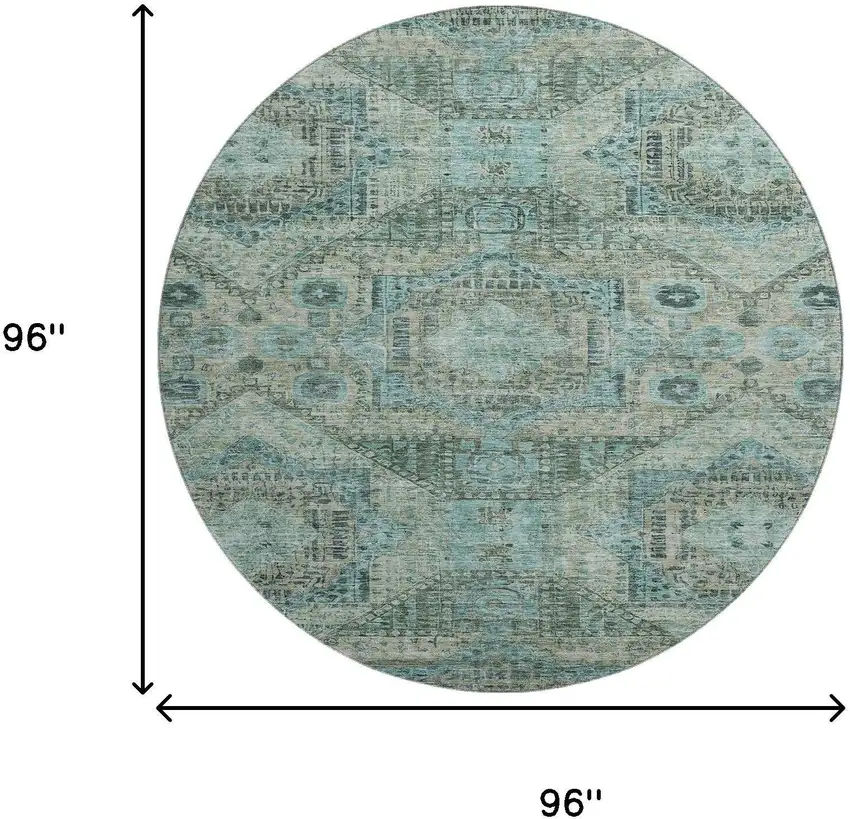 8' Sage And Blue Abstract Geometric Washable Round Rug With UV Protection Photo 9