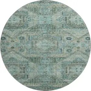 Photo of 8' Sage And Blue Abstract Geometric Washable Round Rug With UV Protection
