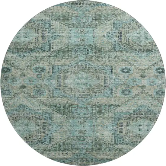 8' Sage And Blue Abstract Geometric Washable Round Rug With UV Protection Photo 1