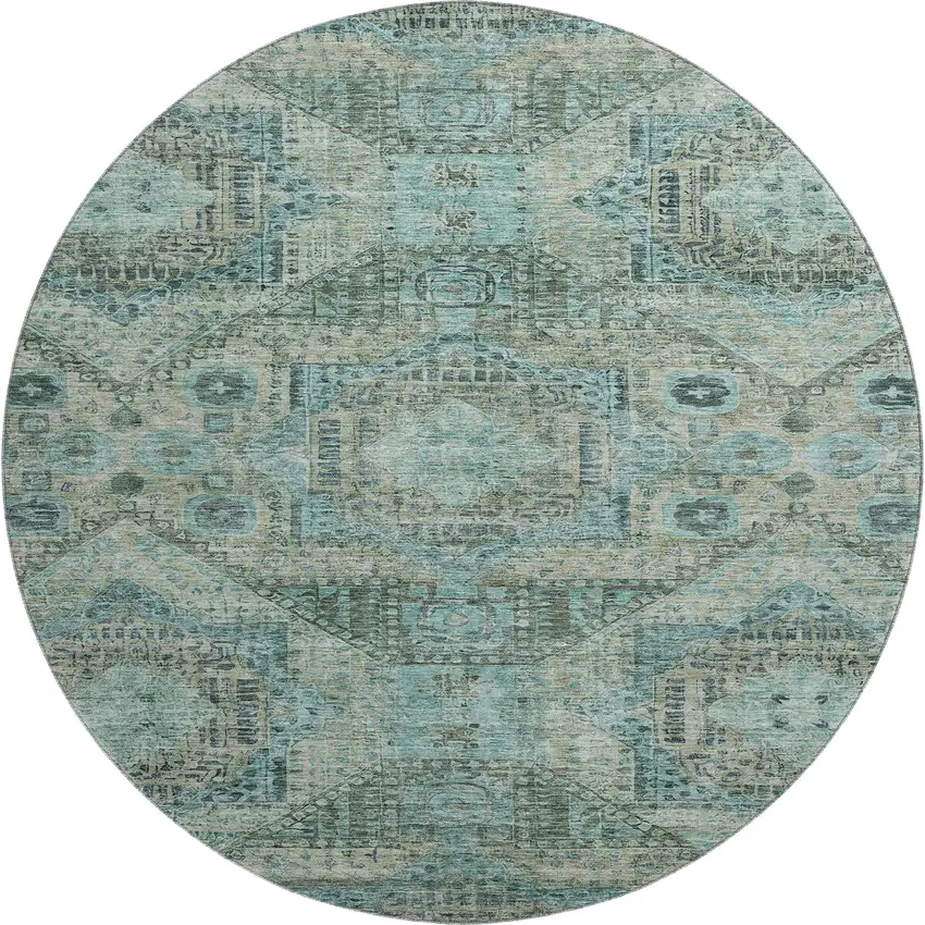 8' Sage And Blue Abstract Geometric Washable Round Rug With UV Protection Photo 1