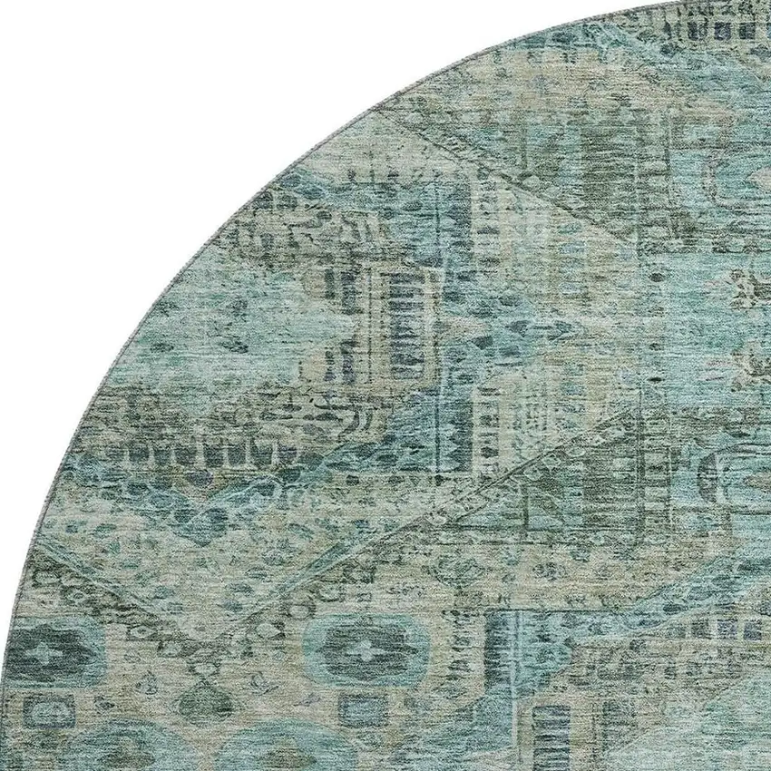 8' Sage And Blue Abstract Geometric Washable Round Rug With UV Protection Photo 3
