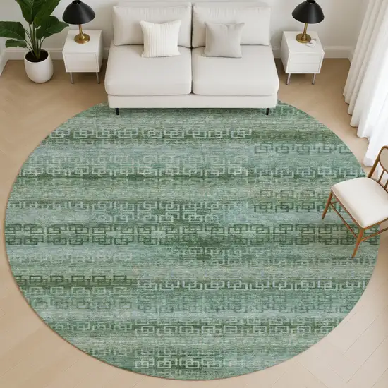 8' Sage And Blue Striped Washable Round Rug With UV Protection Photo 5