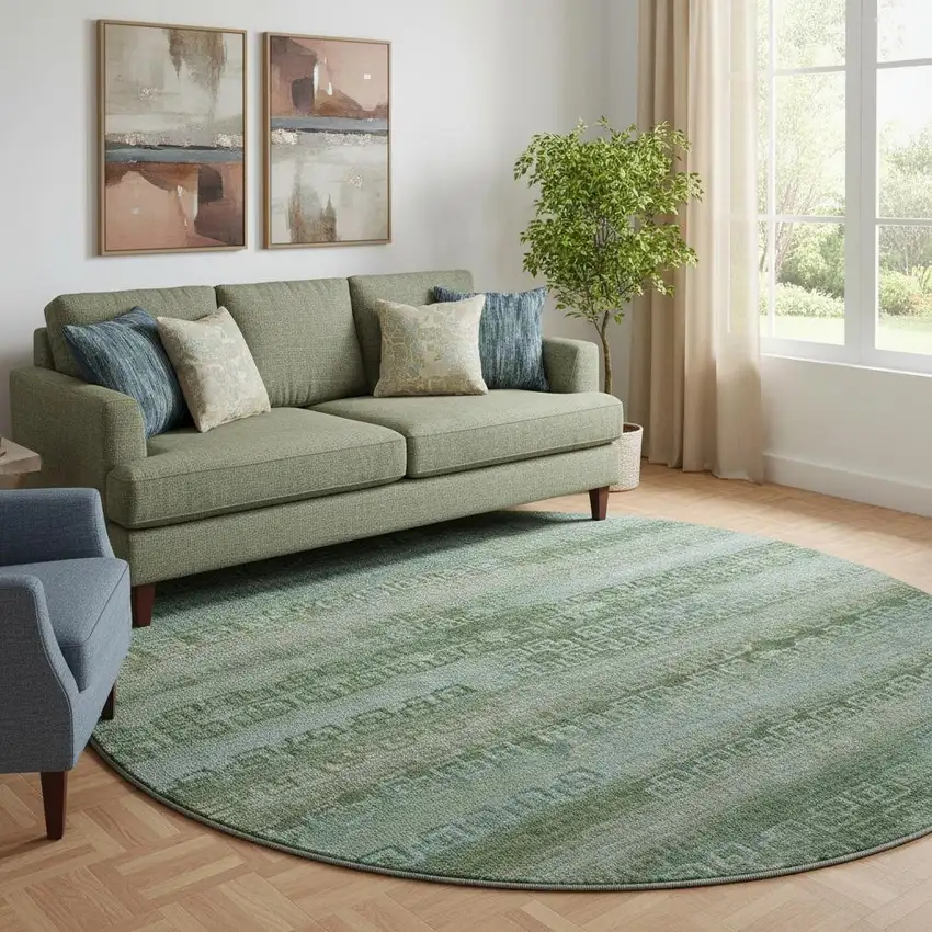 8' Sage And Blue Striped Washable Round Rug With UV Protection Photo 1