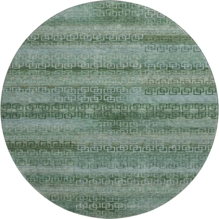 8' Sage And Blue Striped Washable Round Rug With UV Protection Photo 1