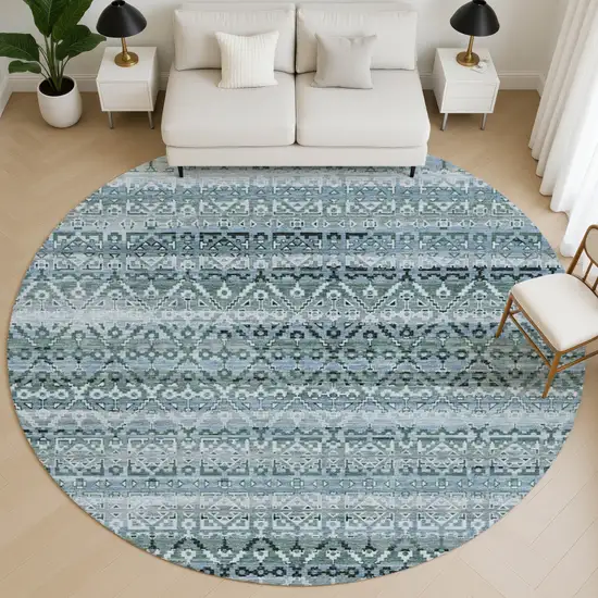 8' Sage And Blue Striped Washable Round Rug With UV Protection Photo 5