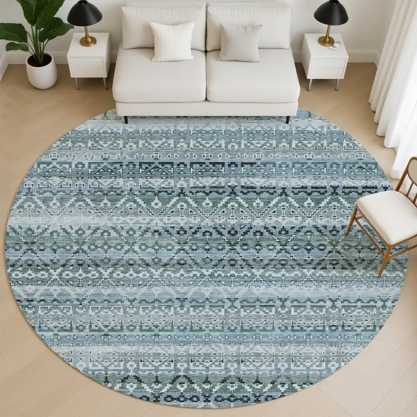 8' Sage And Blue Striped Washable Round Rug With UV Protection Photo 5