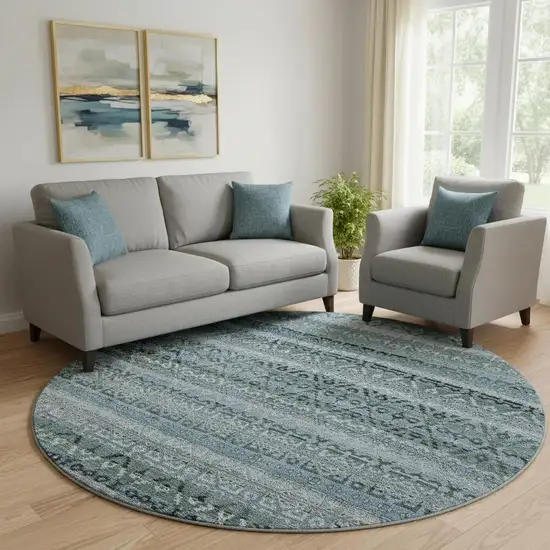 8' Sage And Blue Striped Washable Round Rug With UV Protection Photo 2