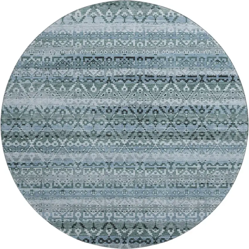 8' Sage And Blue Striped Washable Round Rug With UV Protection Photo 1