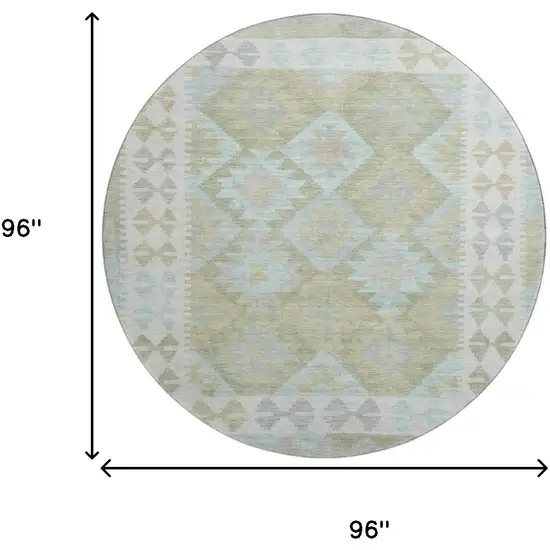 8' Sage And Blue Tribal Washable Round Rug With UV Protection Photo 9