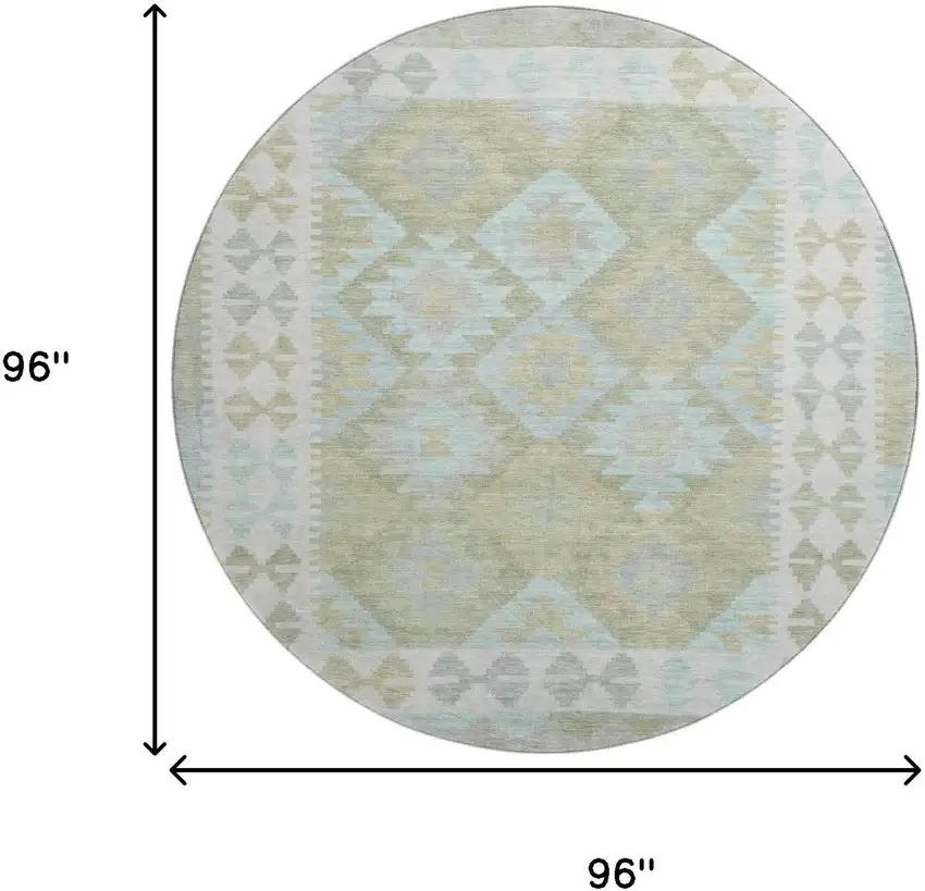 8' Sage And Blue Tribal Washable Round Rug With UV Protection Photo 9