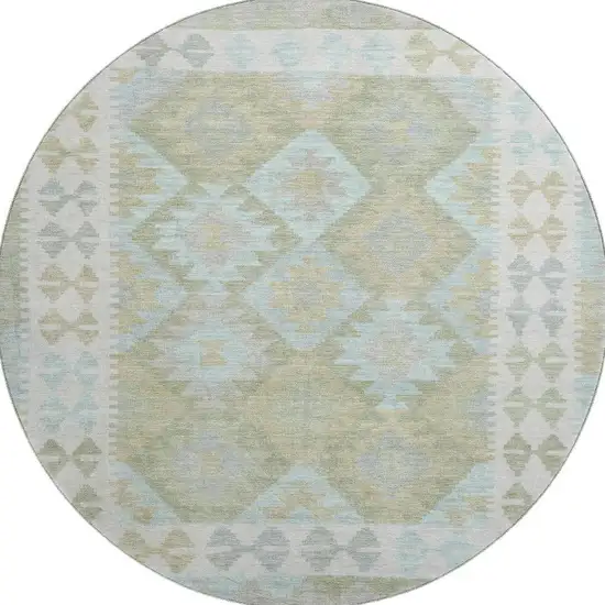 8' Sage And Blue Tribal Washable Round Rug With UV Protection Photo 3