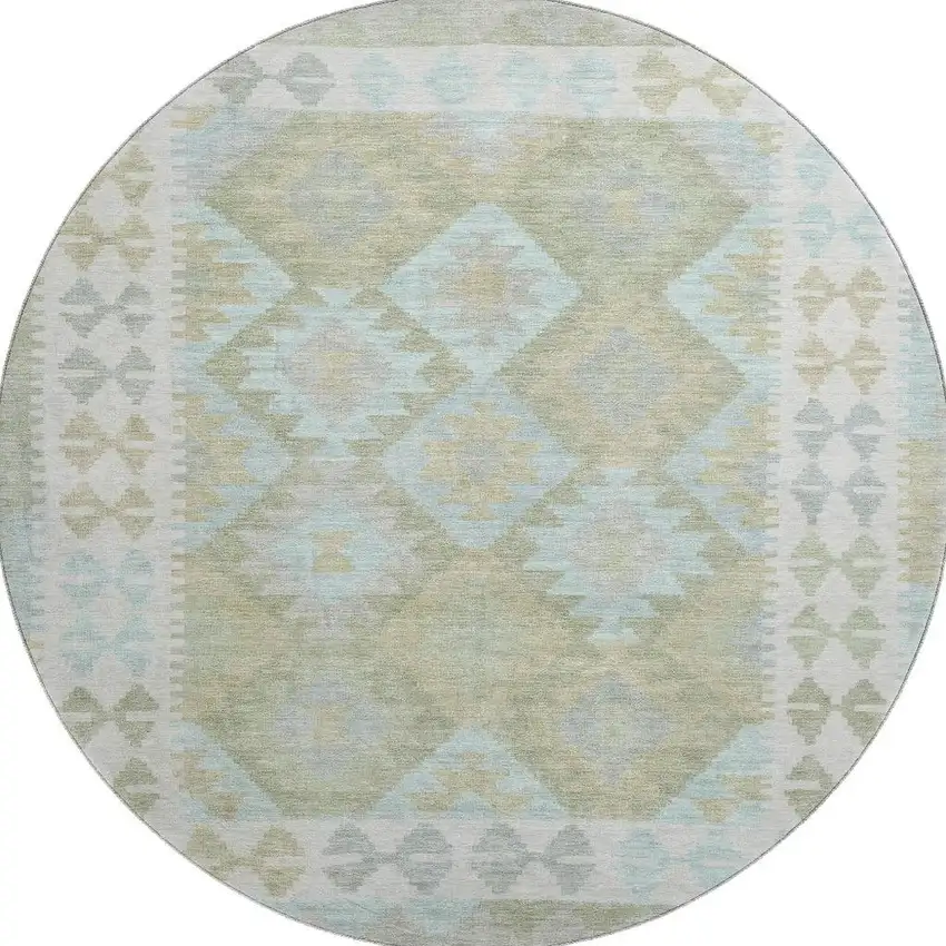 8' Sage And Blue Tribal Washable Round Rug With UV Protection Photo 3