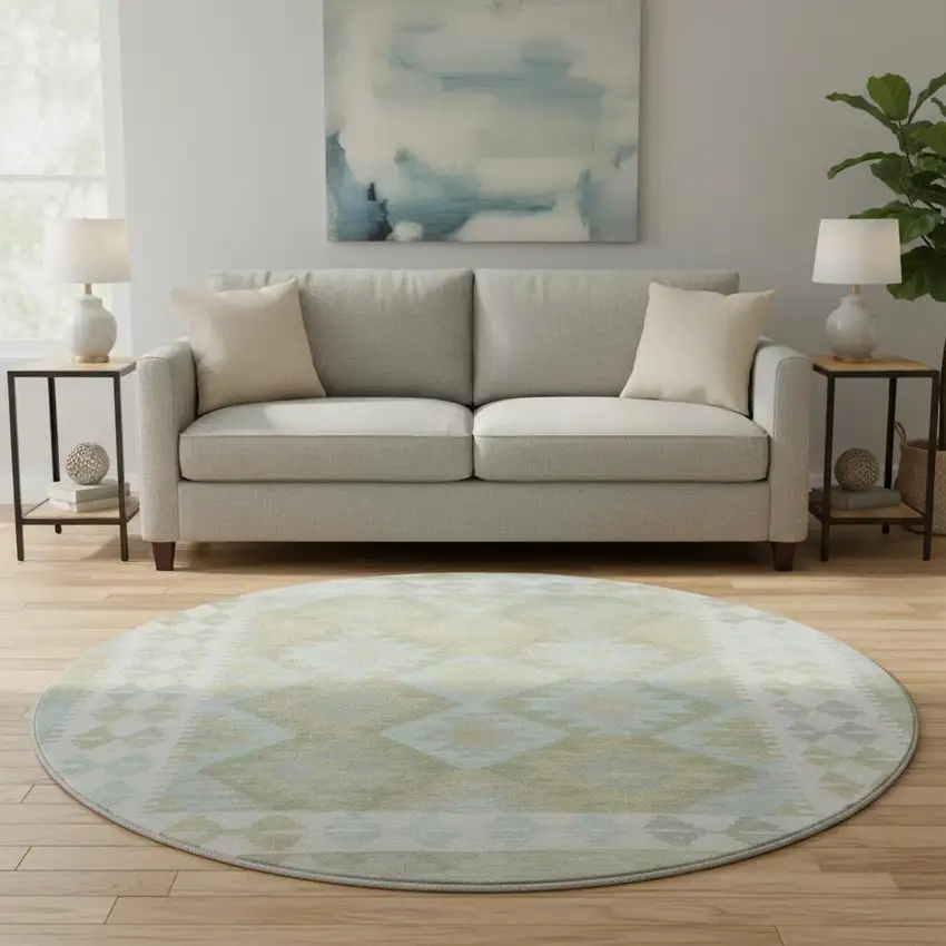 8' Sage And Blue Tribal Washable Round Rug With UV Protection Photo 2