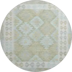 Photo of 8' Sage And Blue Tribal Washable Round Rug With UV Protection