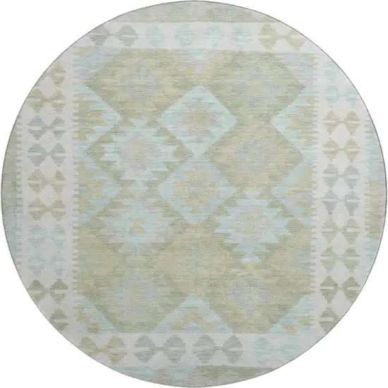 8' Sage And Blue Tribal Washable Round Rug With UV Protection Photo 1