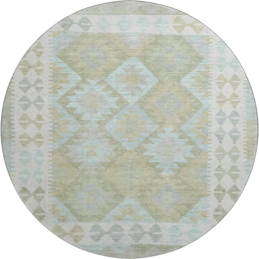 8' Sage And Blue Tribal Washable Round Rug With UV Protection Photo 1