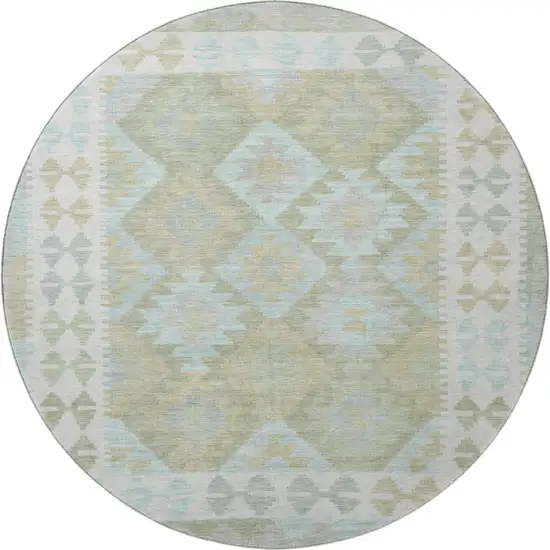 8' Sage And Blue Tribal Washable Round Rug With UV Protection Photo 4