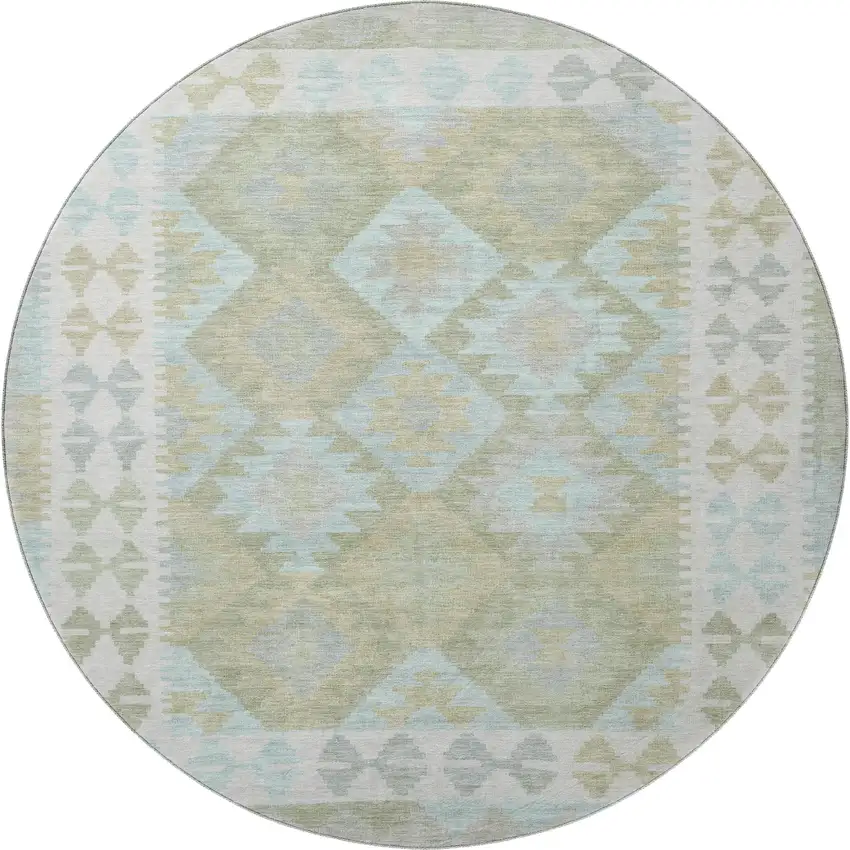 8' Sage And Blue Tribal Washable Round Rug With UV Protection Photo 4