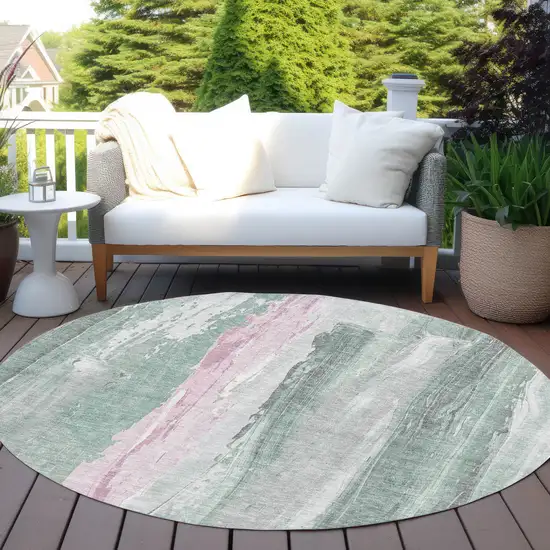 8' Sage And Blush Round Abstract Washable Indoor Outdoor Area Rug Photo 5