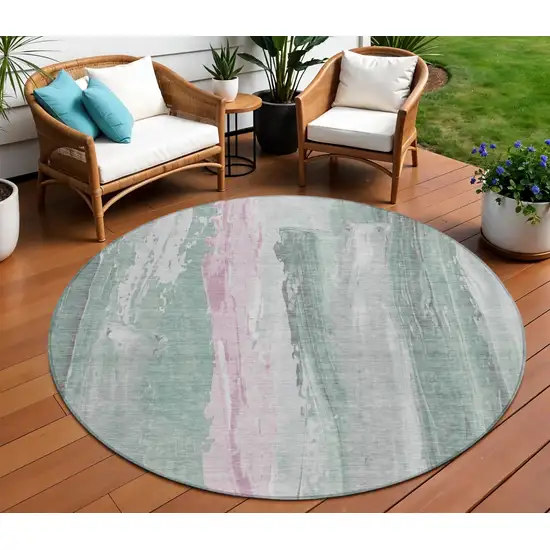 8' Sage And Blush Round Abstract Washable Indoor Outdoor Area Rug Photo 2