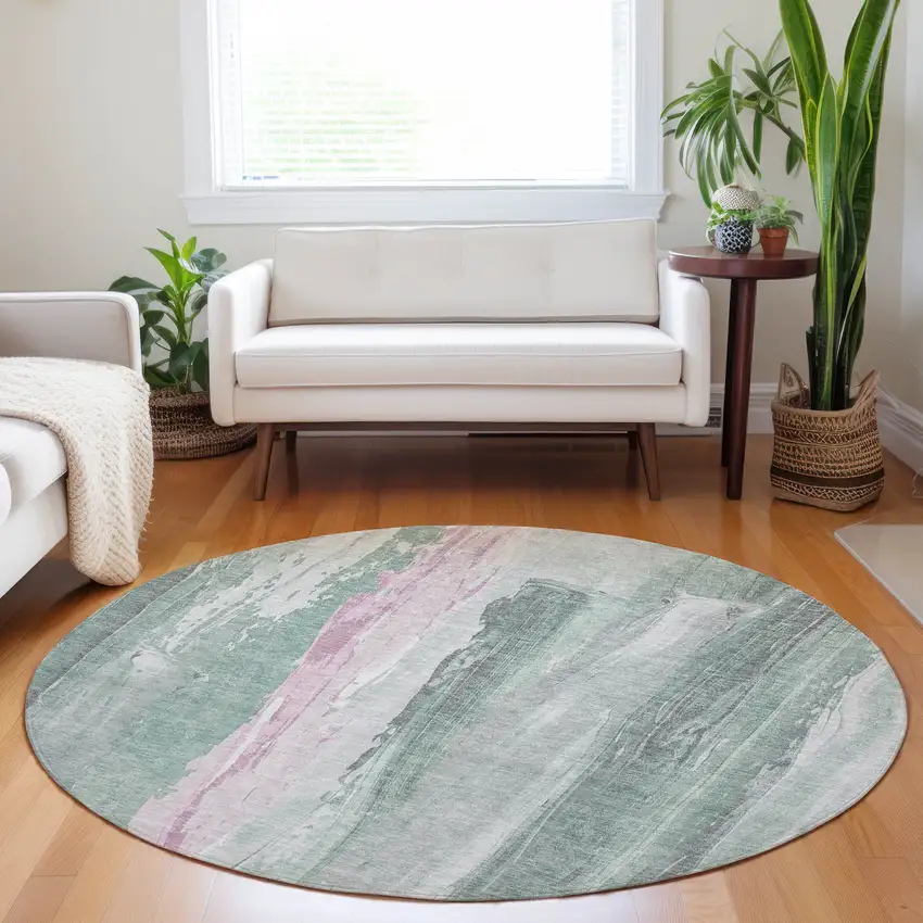 8' Sage And Blush Round Abstract Washable Indoor Outdoor Area Rug Photo 6