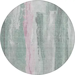 Photo of 8' Sage And Blush Round Abstract Washable Indoor Outdoor Area Rug