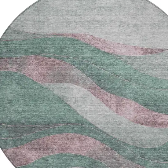 8' Sage And Blush Round Abstract Washable Indoor Outdoor Area Rug Photo 4
