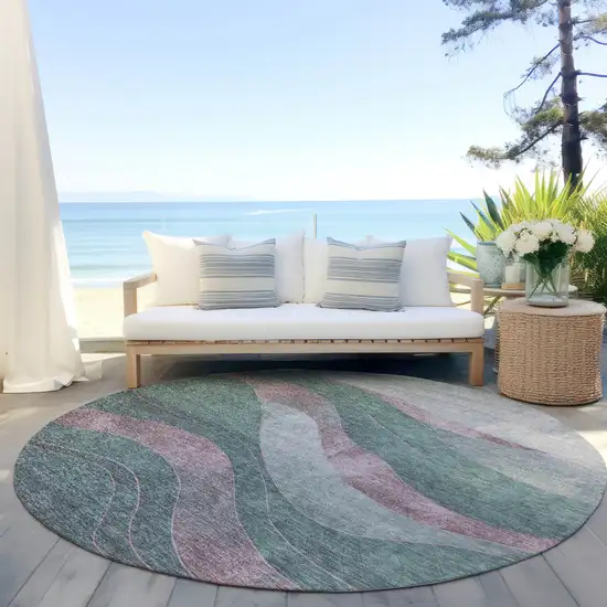 8' Sage And Blush Round Abstract Washable Indoor Outdoor Area Rug Photo 5