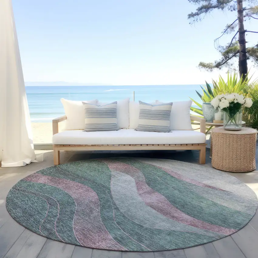 8' Sage And Blush Round Abstract Washable Indoor Outdoor Area Rug Photo 5