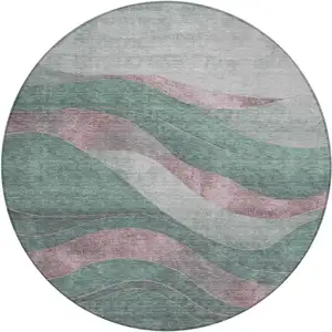 Photo of 8' Sage And Blush Round Abstract Washable Indoor Outdoor Area Rug