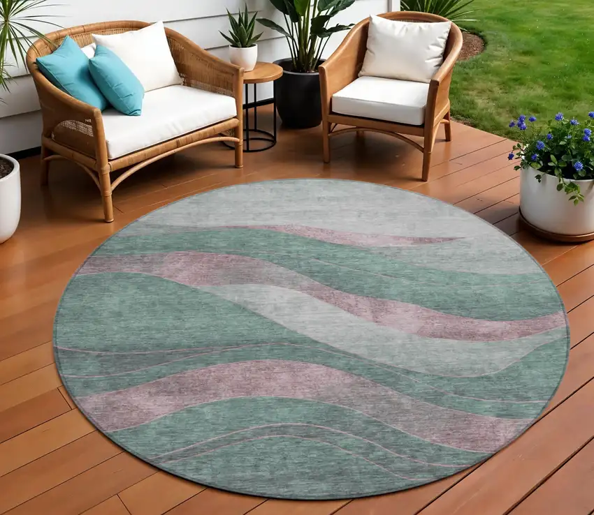 8' Sage And Blush Round Abstract Washable Indoor Outdoor Area Rug Photo 2