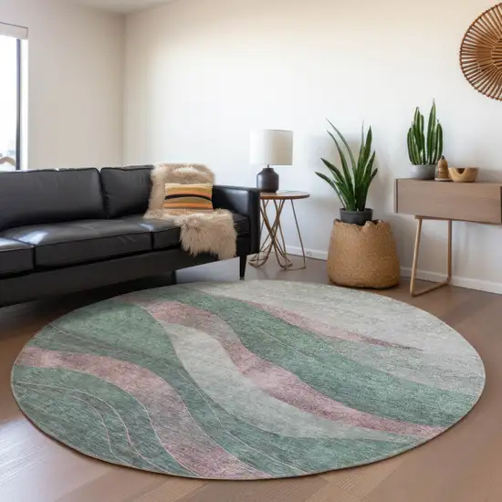 8' Sage And Blush Round Abstract Washable Indoor Outdoor Area Rug Photo 6