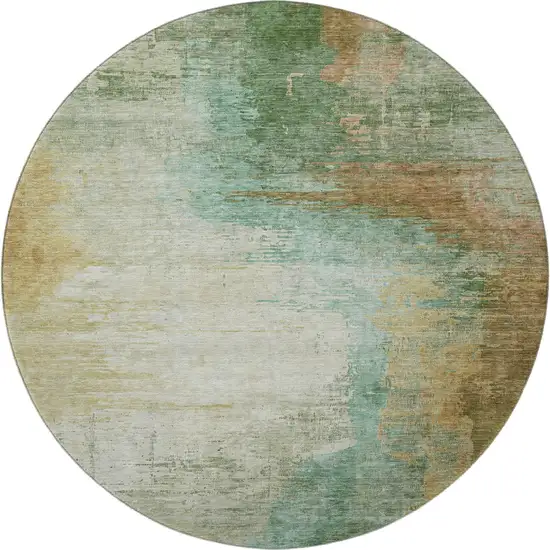 8' Sage And Brown Abstract Washable Round Rug With UV Protection Photo 3