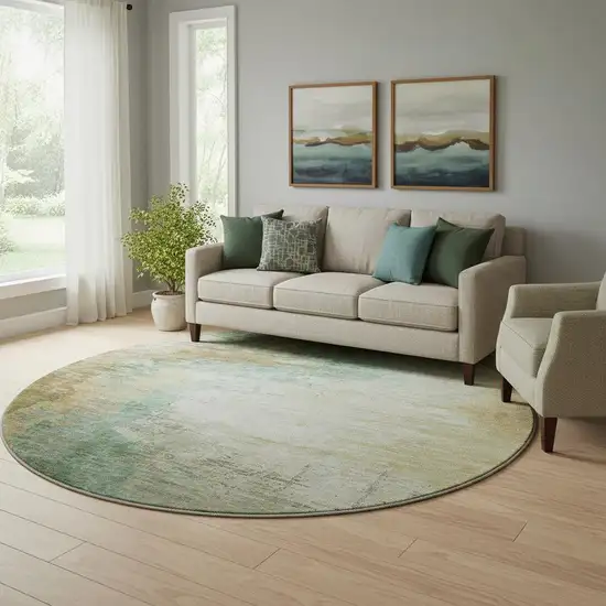 8' Sage And Brown Abstract Washable Round Rug With UV Protection Photo 2