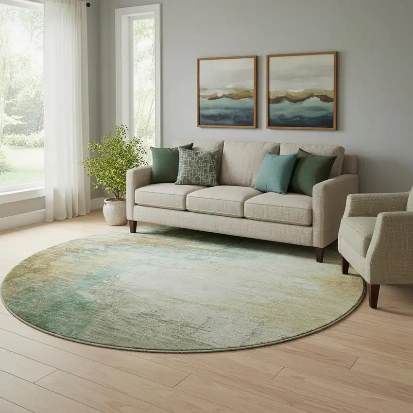 8' Sage And Brown Abstract Washable Round Rug With UV Protection Photo 2