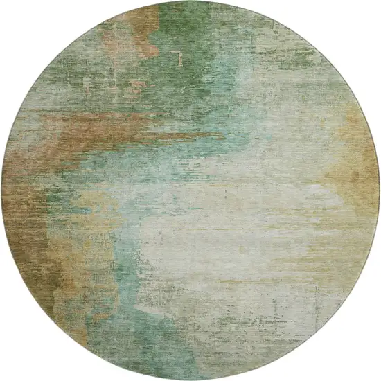8' Sage And Brown Abstract Washable Round Rug With UV Protection Photo 1